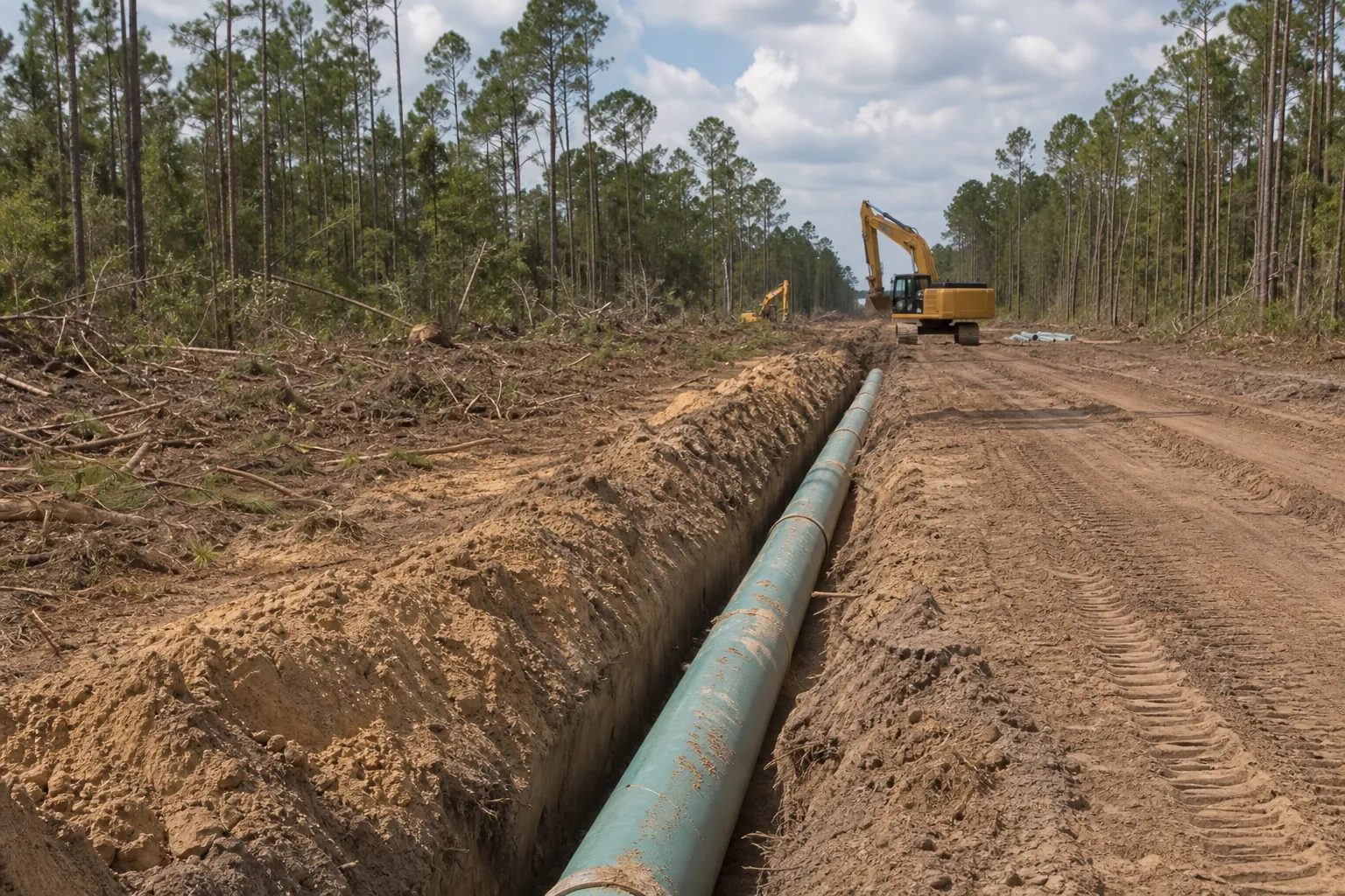 Large utility pipe in a freshly dug trench across cleared pine forest land, with excavators working in the distance.