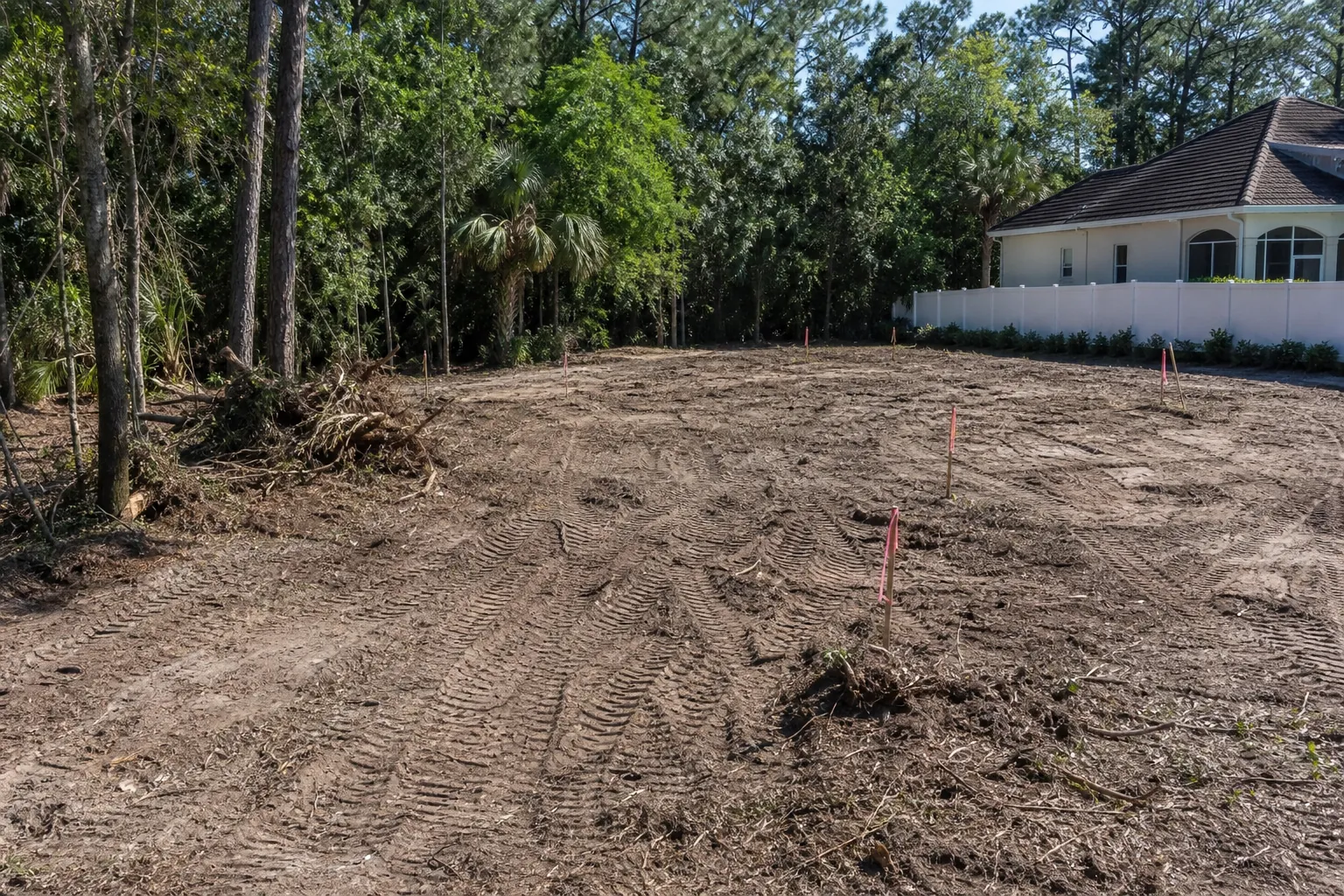 Cleared residential lot with tire tracks, survey stakes, debris piles, surrounding trees, and a neighboring Florida home.
