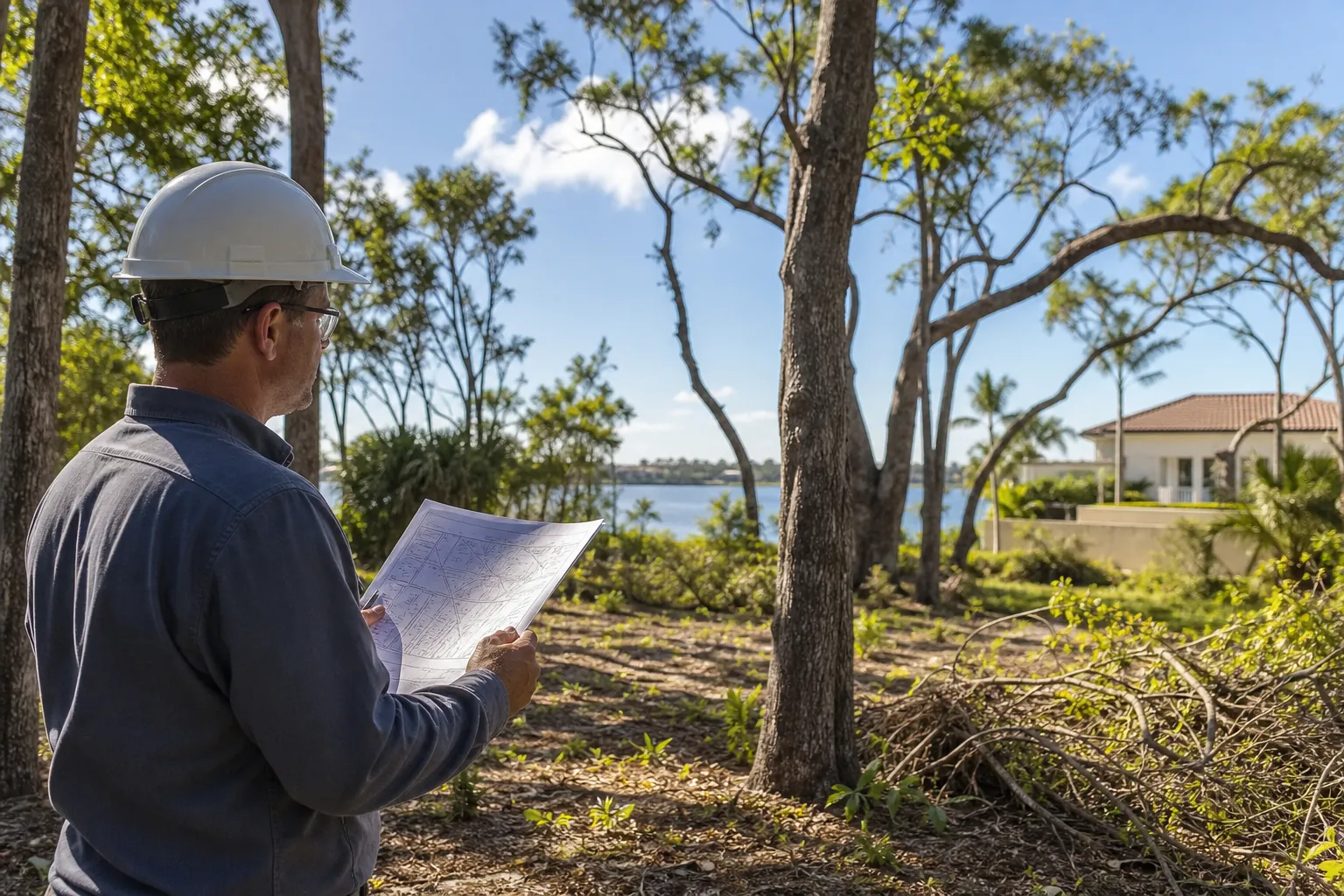 Worker in a hard hat reviews site plans on a partly cleared wooded lot beside a waterfront home.