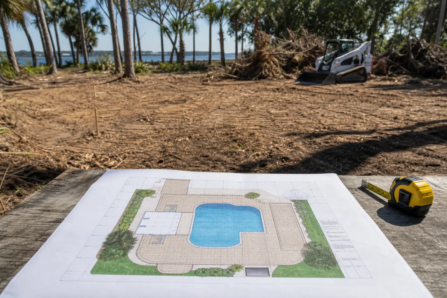 Pool site plan and tape measure on a table overlooking cleared waterfront land with a compact track loader.