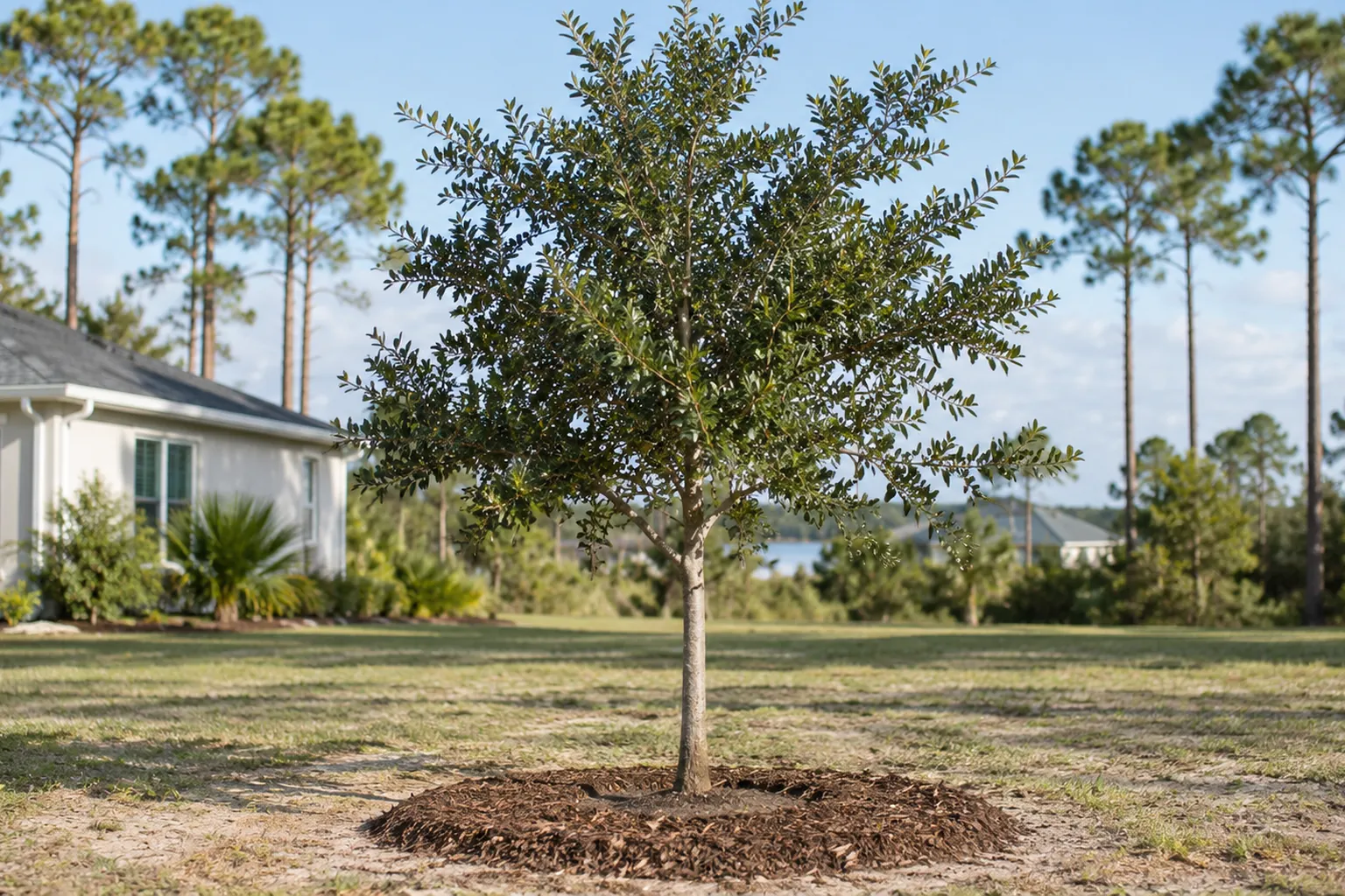 Young Tree in a Mulched Coastal Yard Young leafy tree in a circular mulch bed on a sandy lawn, with homes and tall pines in the background.
