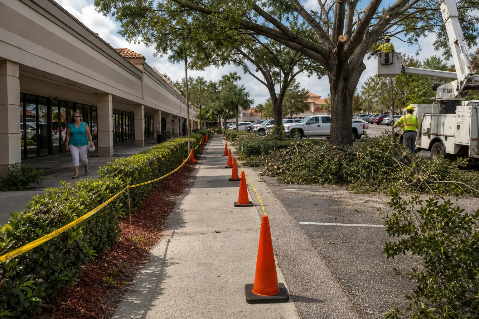 Marked Pedestrian Route During Shopping Center Tree Trimming Cones and caution tape mark a pedestrian route beside tree trimming crews and equipment at a shopping center.