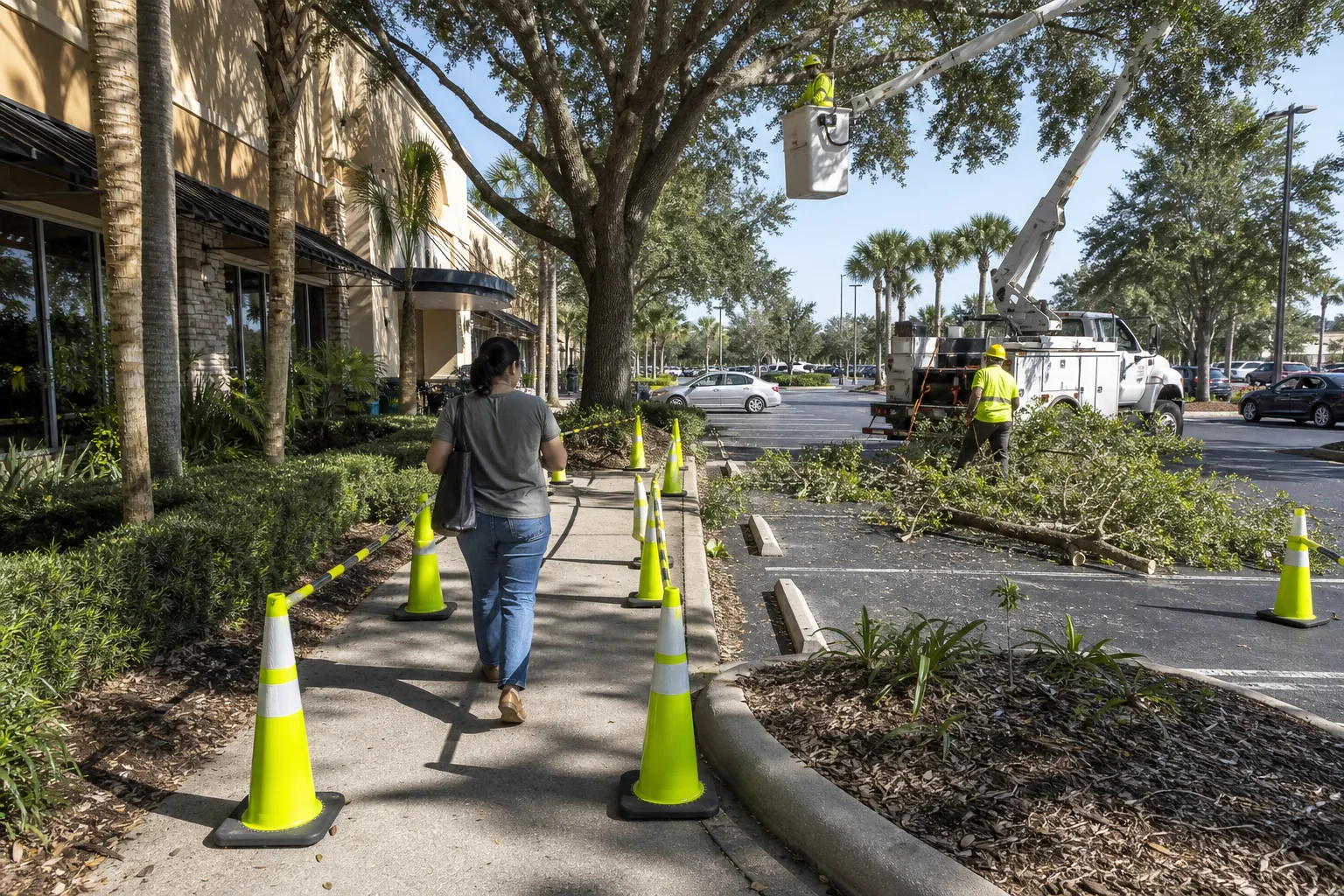 Coned Pedestrian Route During Shopping Center Tree Trimming Pedestrian walks between safety cones while crews trim a shopping center tree from a bucket truck.