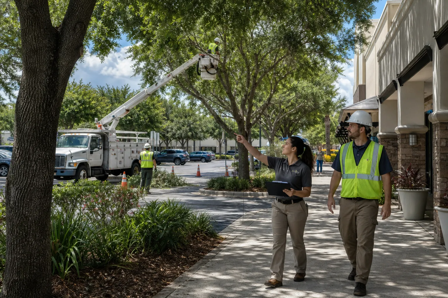 Site Review During Shopping Center Tree Trimming Two site reviewers inspect a shopping center walkway while a tree crew works from a bucket truck nearby.