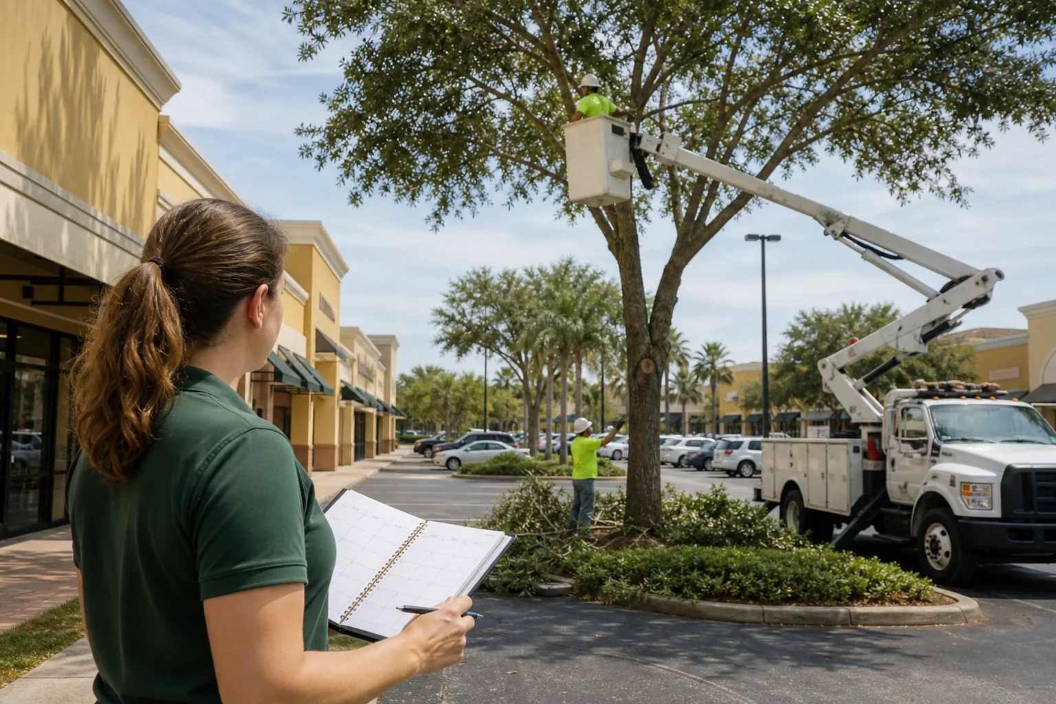 Shopping center manager holds a scheduling binder while a crew trims a parking lot tree from a bucket truck.