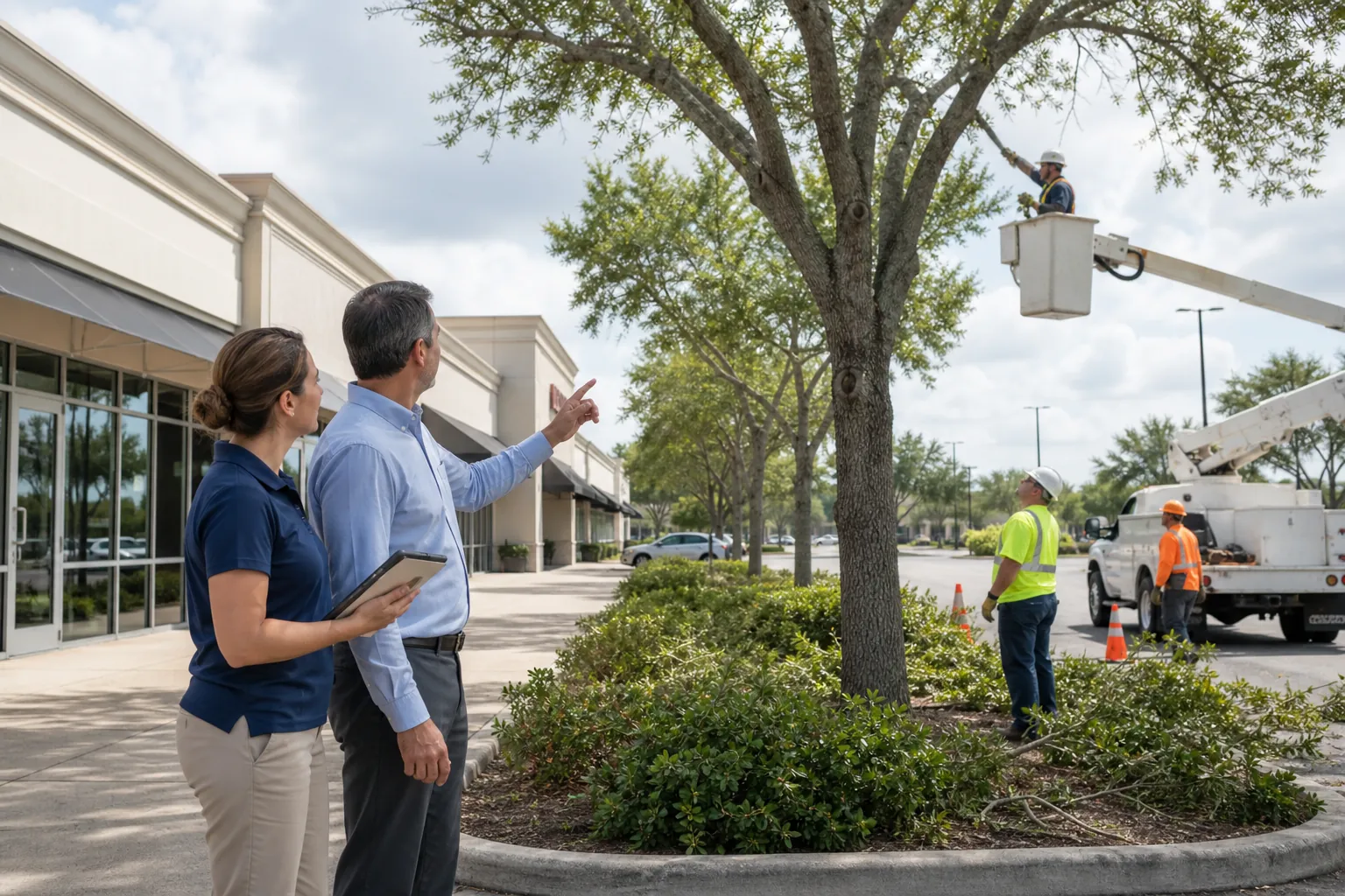 Shopping center managers observe a tree trimming crew using a bucket truck beside storefronts and a parking lot.