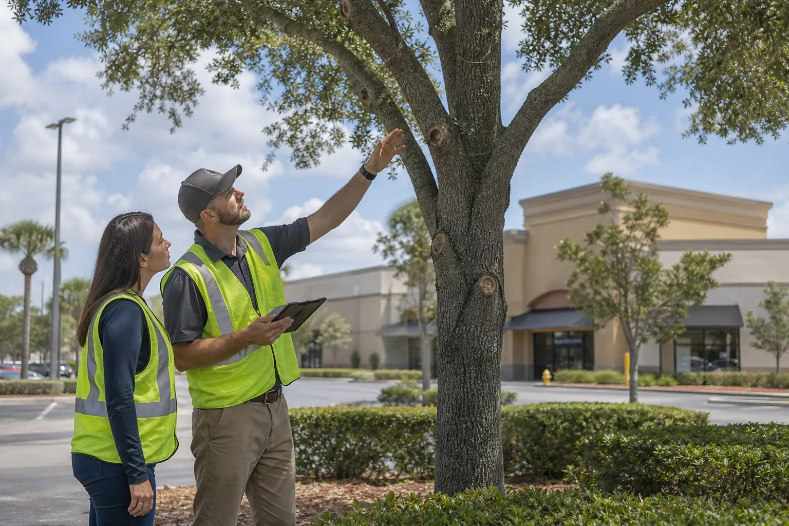 Two property workers in safety vests inspect a large tree outside a shopping center, with one holding a tablet.
