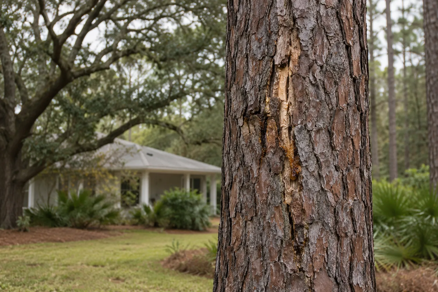 Pine Trunk Wound With Amber Resin Beside a Yard Close view of a pine trunk with a vertical bark wound and amber resin, with a house and lawn behind it.