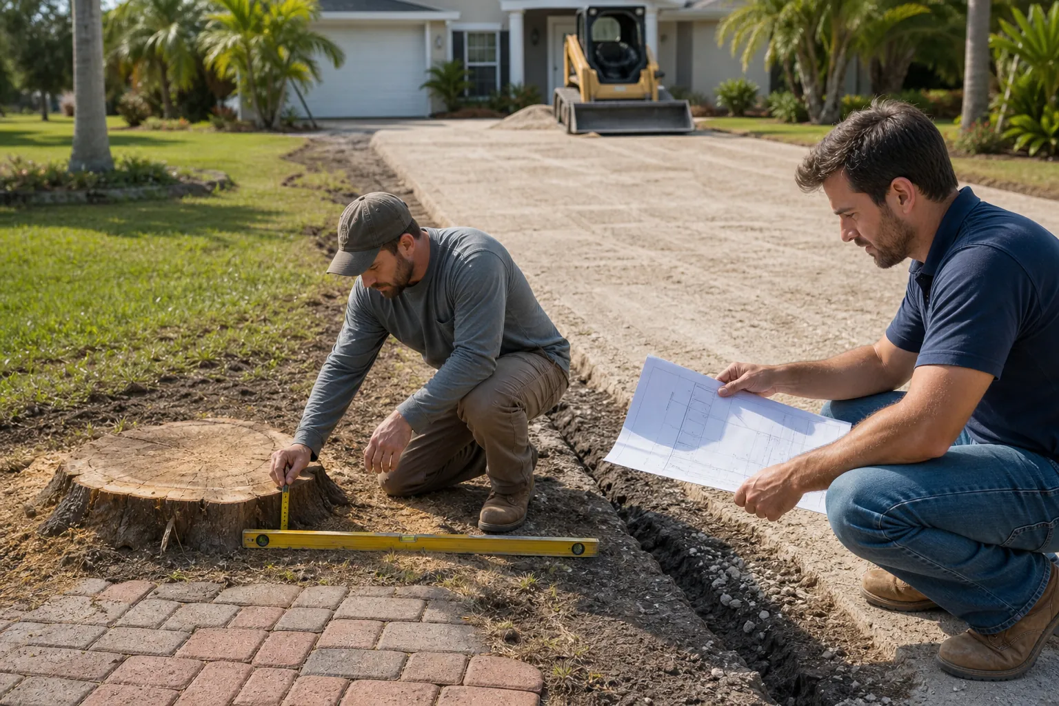 Two men measure beside a cut tree stump while reviewing plans for a driveway expansion at a Florida home.