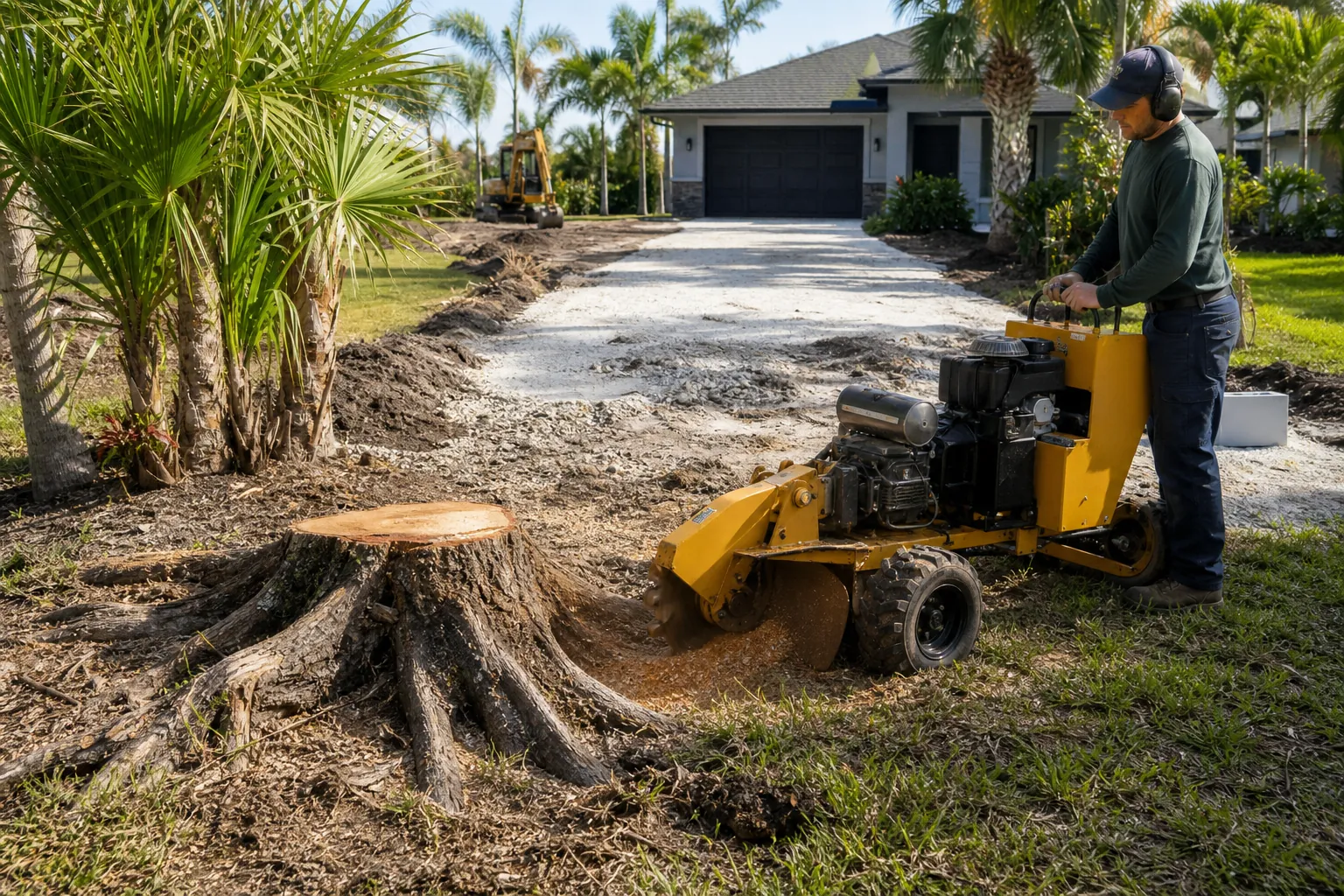 Worker operates a stump grinder beside a prepared driveway at a palm-lined Florida home undergoing expansion.
