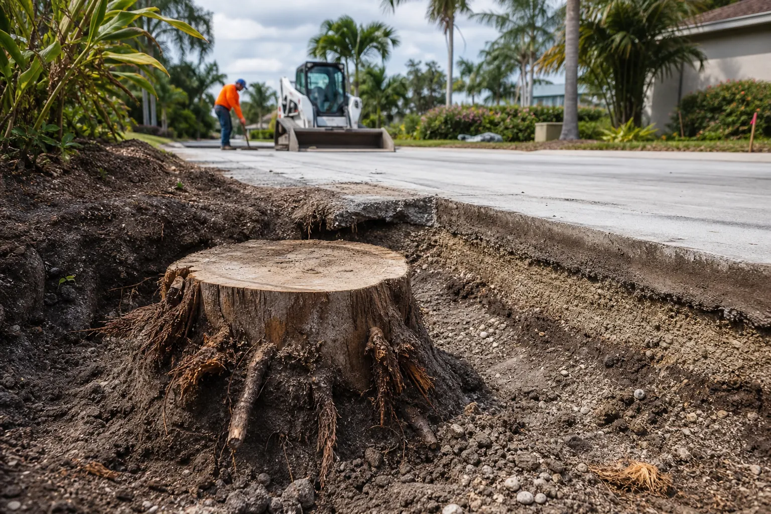 Exposed tree stump and roots beside a driveway under construction, with a worker and skid-steer loader in the background.