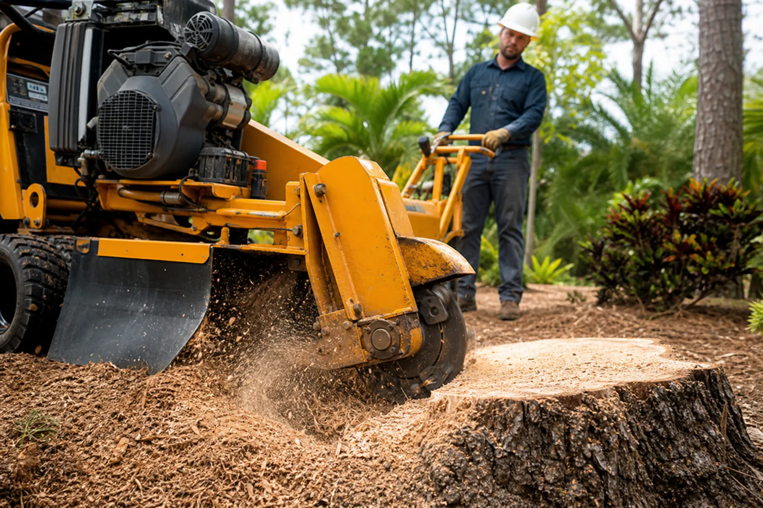 Worker Grinding a Tree Stump in a Florida Yard Worker in a hard hat operates a yellow stump grinder beside a large tree stump in a landscaped Florida yard.