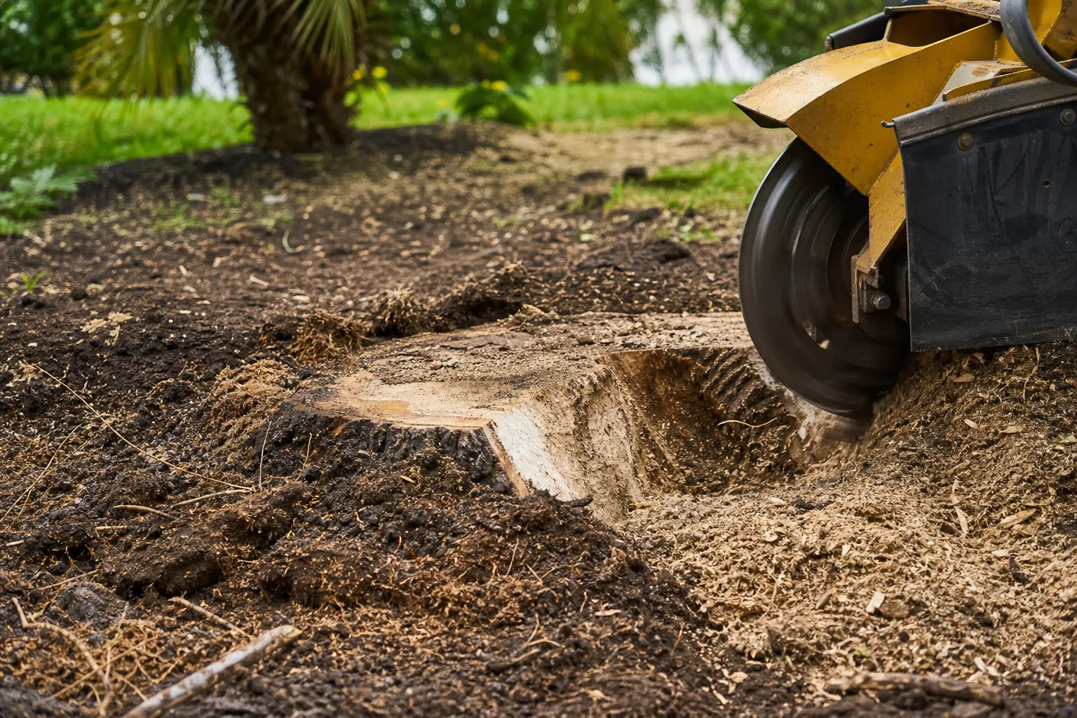 Stump grinder removing wood while roots remain underground A stump grinder cuts into a tree stump, leaving exposed roots, disturbed soil, and a layer of fresh wood chips.