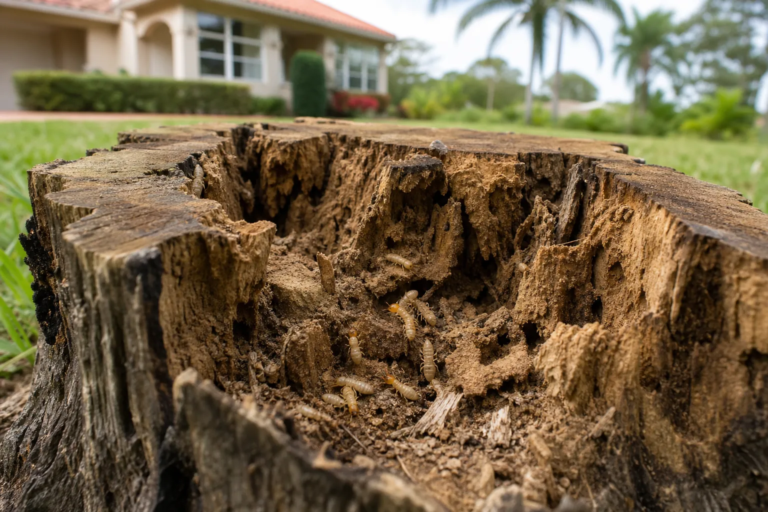 Termites Infesting an Old Stump Near a Florida Home Termites crawl through the decaying interior of an old tree stump in the lawn of a palm-lined Florida home.