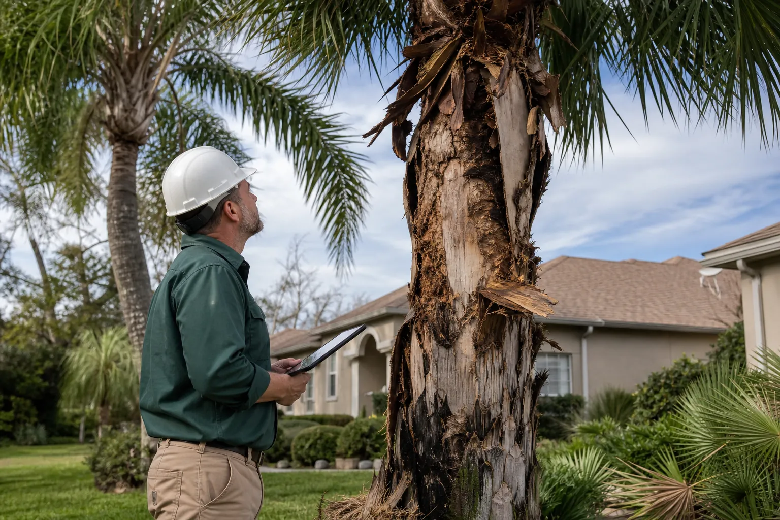 Arborist Inspecting a Damaged Palm Tree Before a Home Sale An arborist in a hard hat inspects a damaged palm tree trunk with a clipboard outside a suburban home.