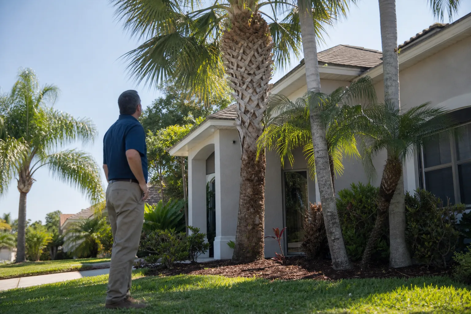 Inspecting Palm Tree Clearance Around a Florida Home A man inspects tall palm trees growing close to the roof, entryway, windows, and walkway of a Florida home.