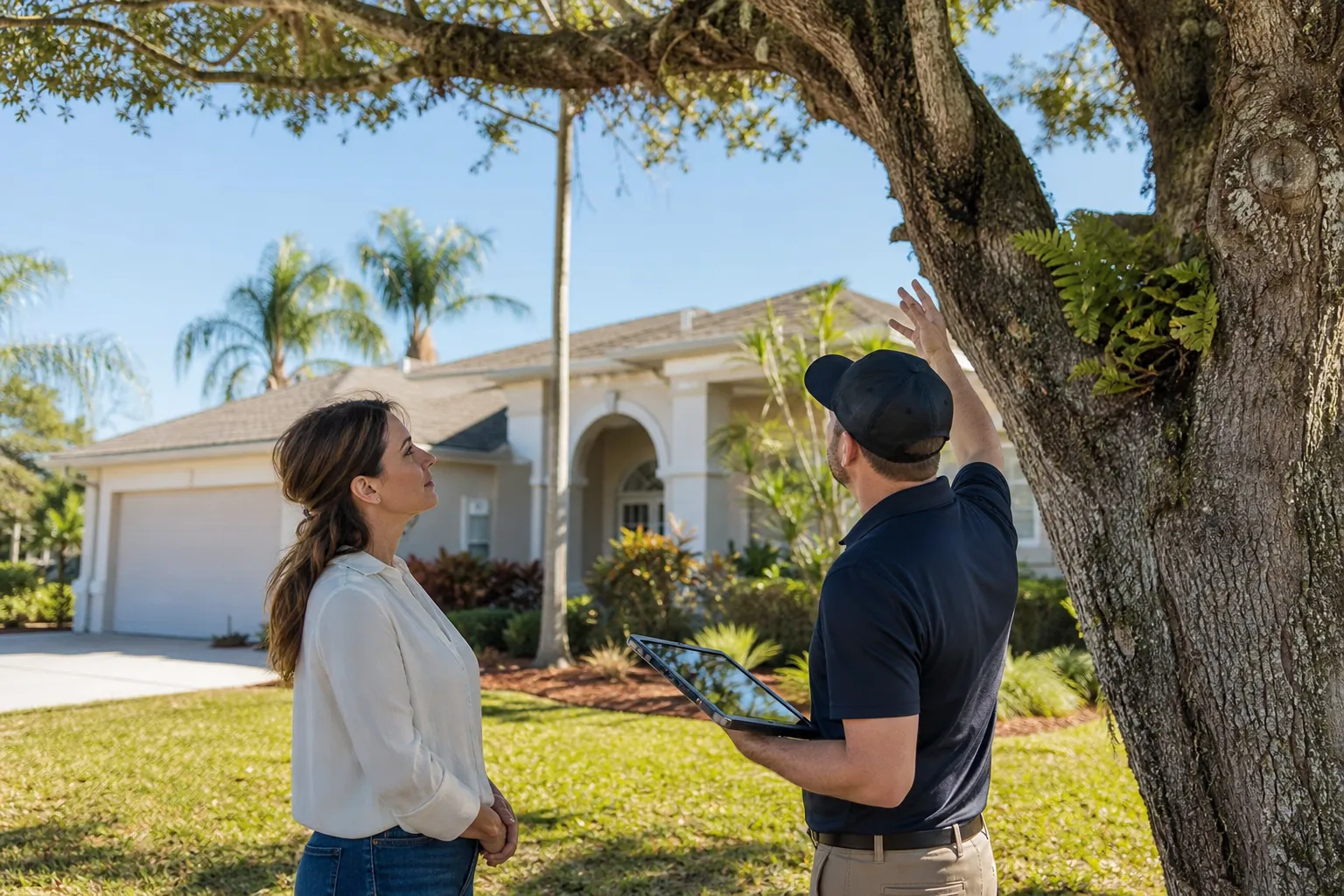 Inspector Reviews a Large Tree Beside a Home A homeowner watches as an inspector with a tablet points to a large tree beside a suburban house.