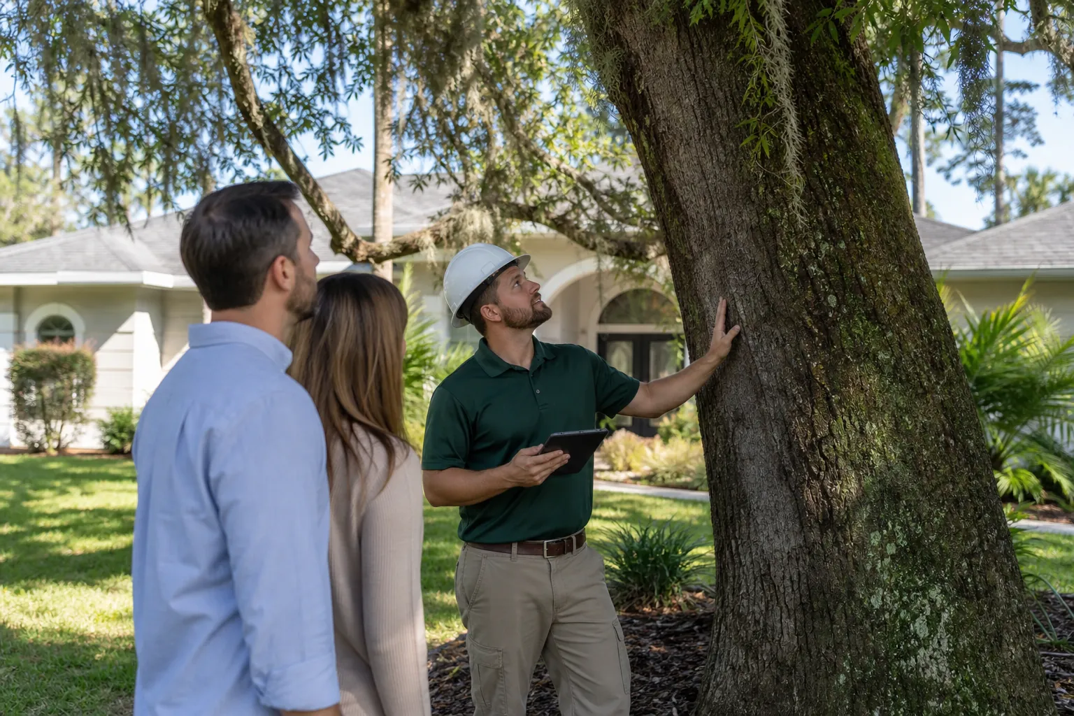 A tree inspector in a hard hat examines a large trunk while two prospective homebuyers watch outside a suburban house.