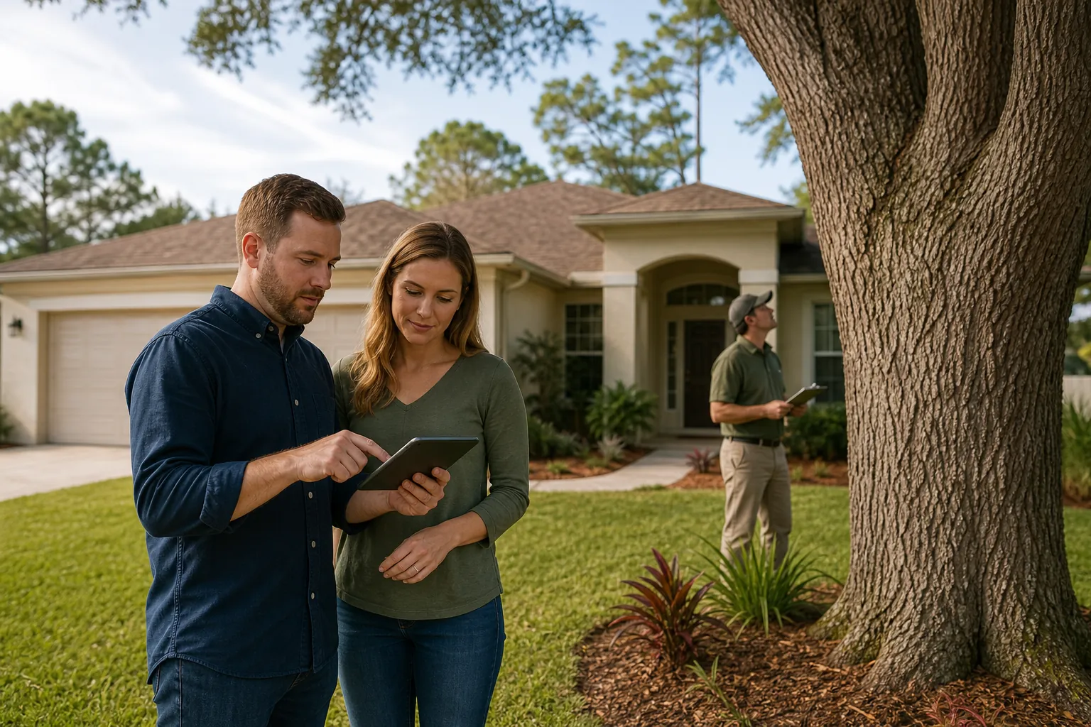 A couple reviews a tablet beside a large yard tree while an inspector examines its canopy in front of a suburban home.