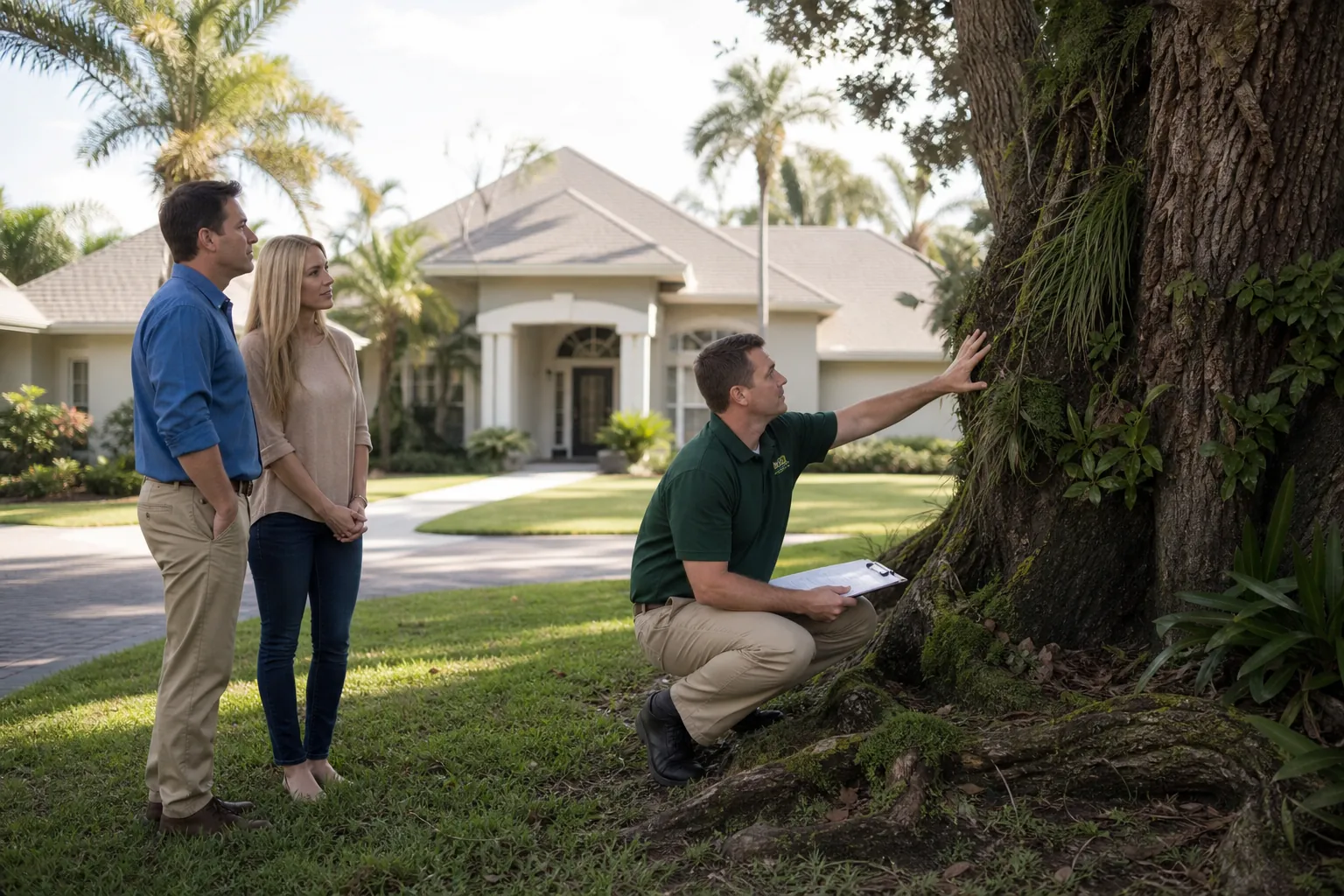 A tree inspector examines a large trunk while two prospective homebuyers watch outside a palm-lined suburban house.