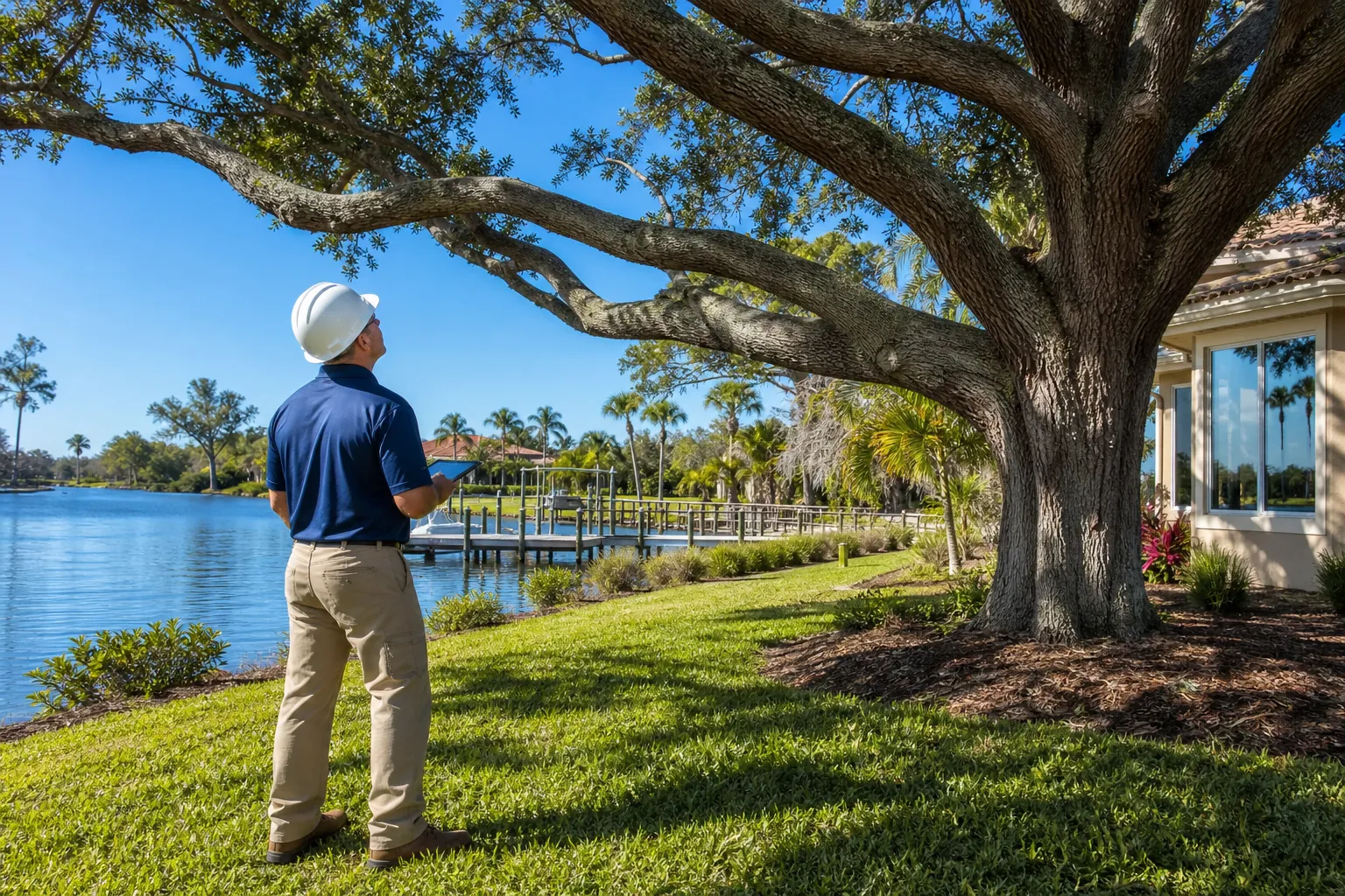 An inspector in a hard hat examines a large waterfront tree beside a Palm Coast home, lawn, canal, and dock.