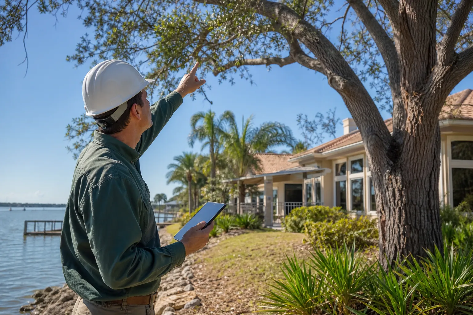 Tree inspector in a hard hat points into a large oak canopy beside a waterfront home while holding a tablet.