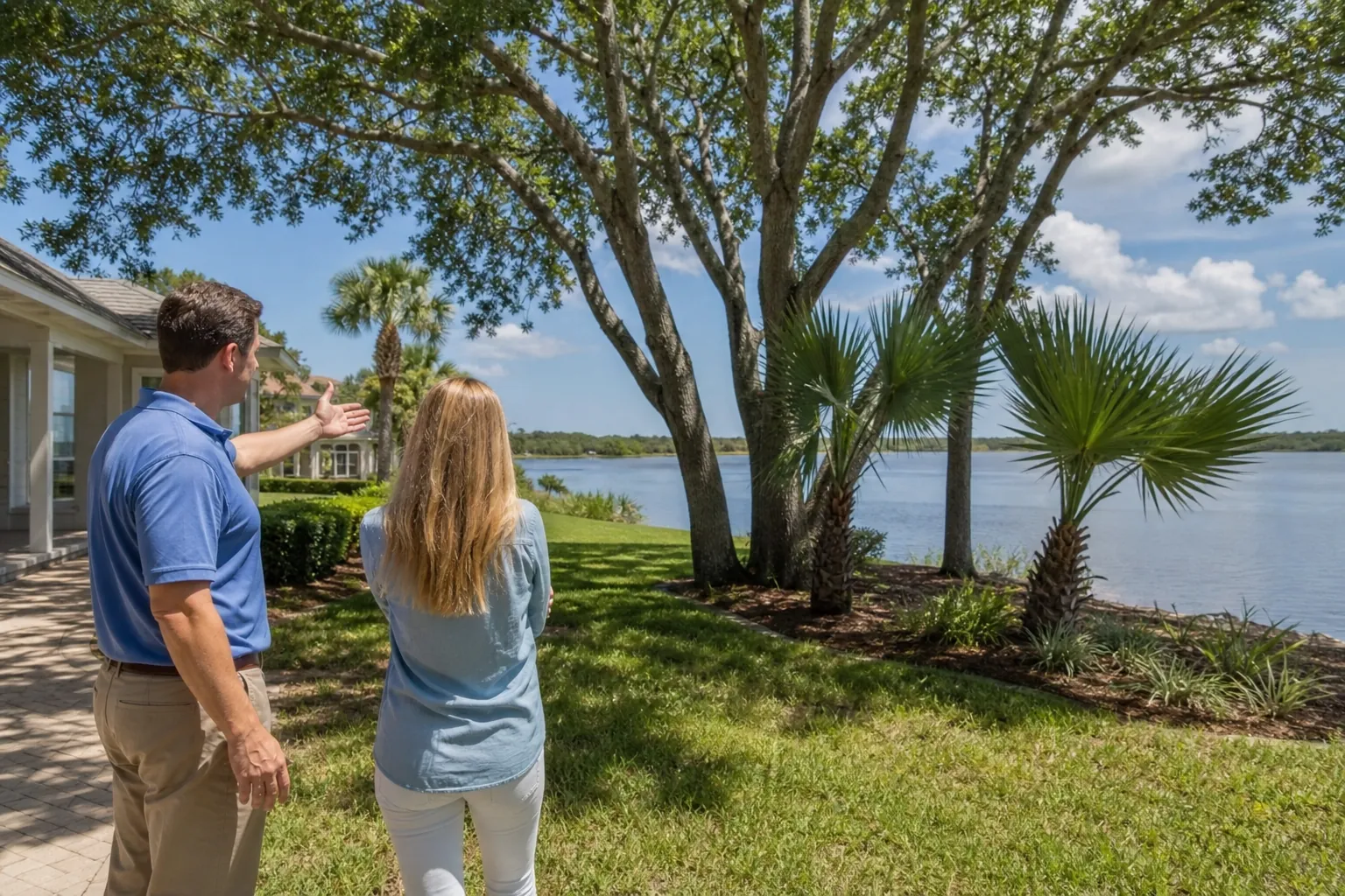A man gestures toward a large mature tree as a woman views the landscaped yard and water behind a waterfront home.