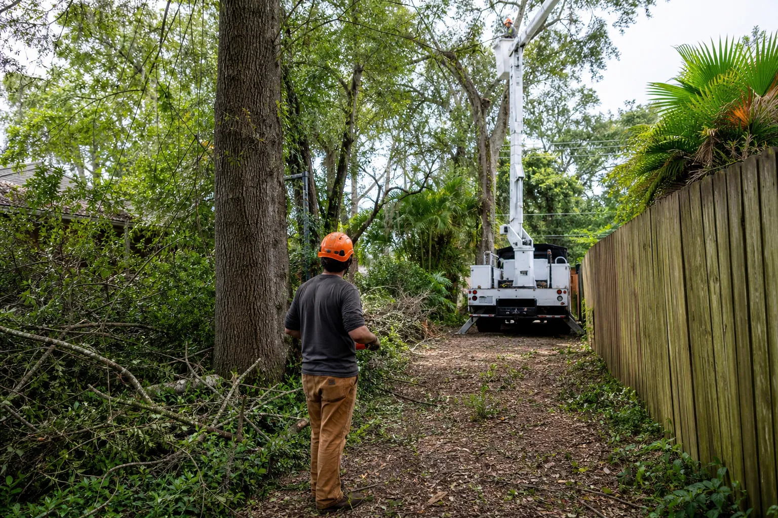 Tree removal crew using a narrow access path Tree worker in an orange helmet approaches a bucket truck along a narrow wooded access path beside a fence.