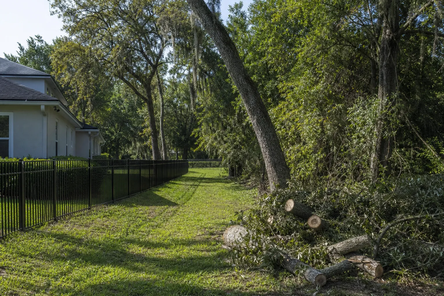 Cut Tree Limbs Along a Residential Access Corridor Cut tree limbs beside a grassy access corridor between a black metal fence and a wooded residential property.