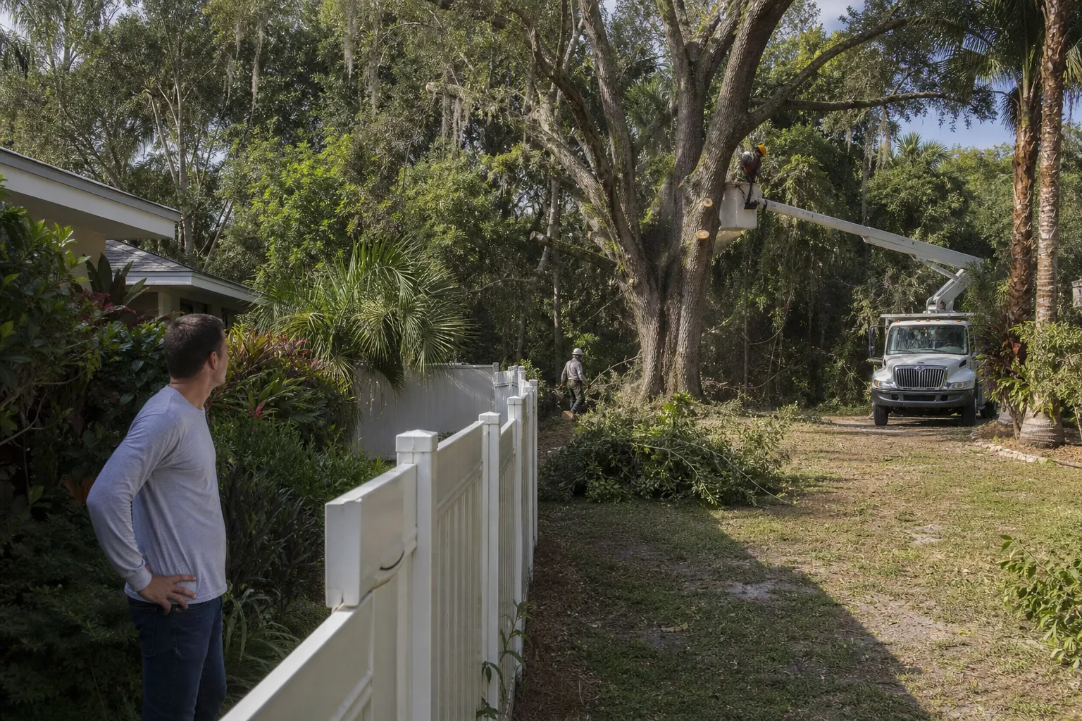 Fence Restricts Physical Access for Oak Tree Removal A man watches tree crews use a bucket truck beside a large oak, with a white fence restricting access to the yard.