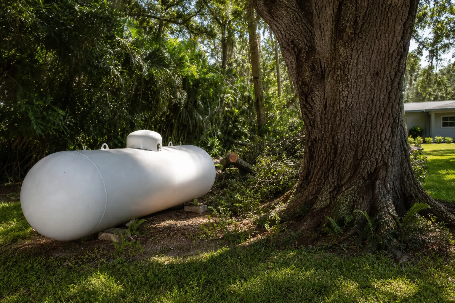 Editorial illustration of Why Propane Tank Proximity Changes Tree Removal in Florida