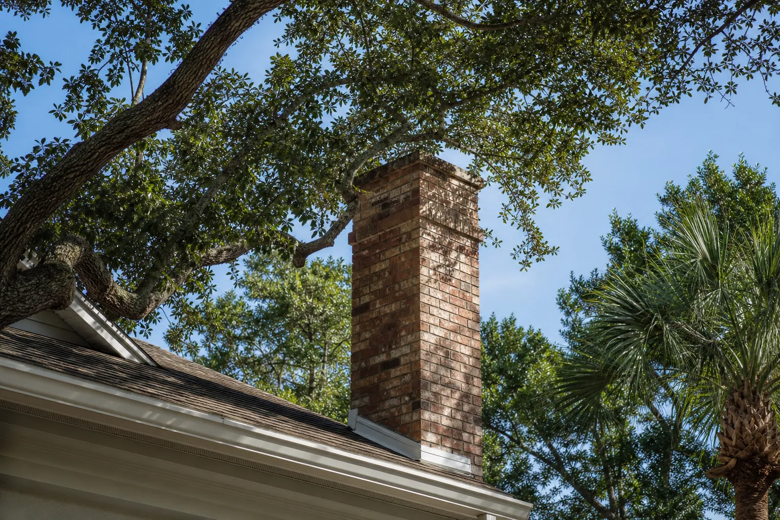Editorial illustration of How to trim trees safely around a Florida chimney