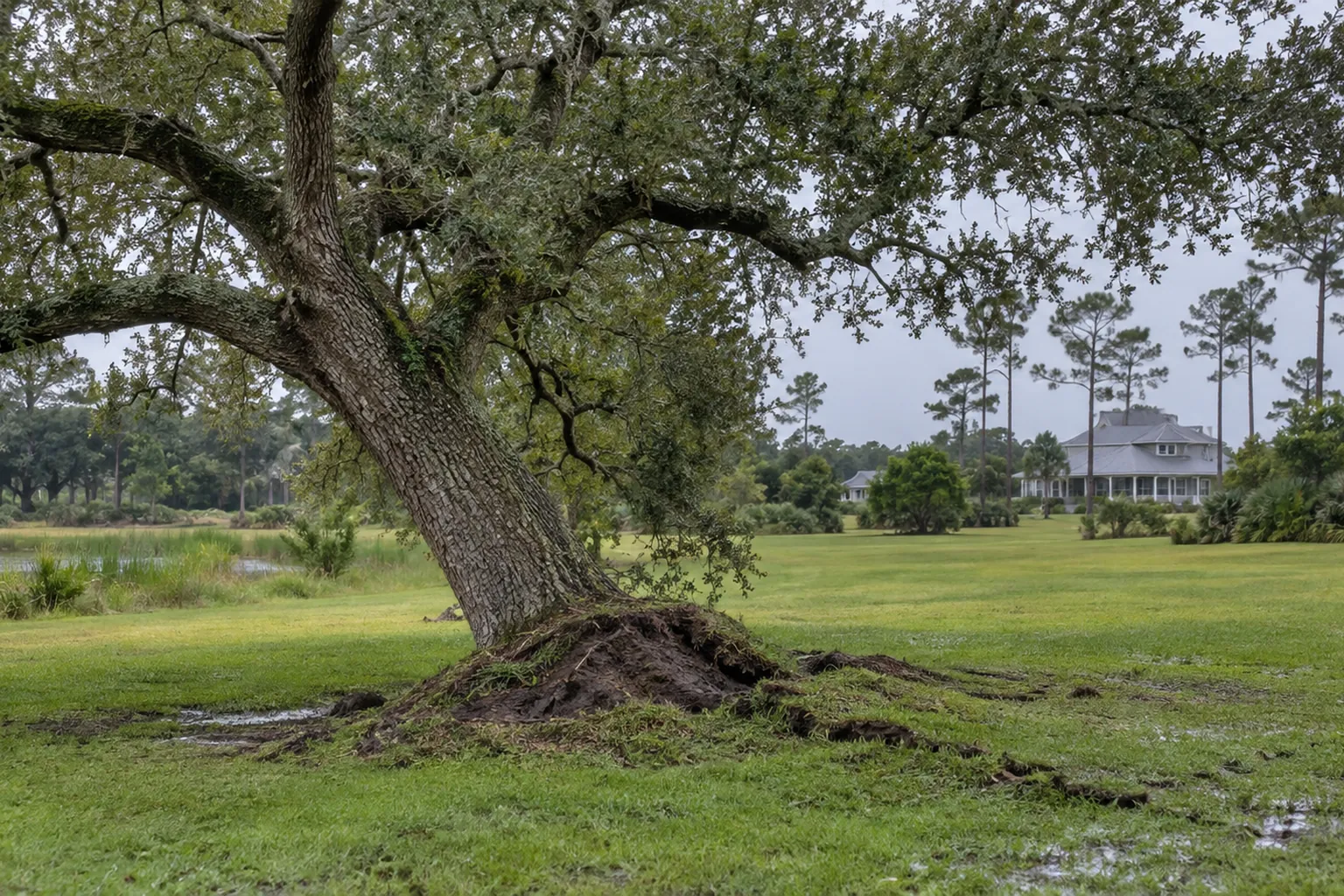 Leaning oak and disturbed soil on a wet lawn A leaning oak has raised soil around its base and cracks in the wet lawn, with homes and pine trees behind it.