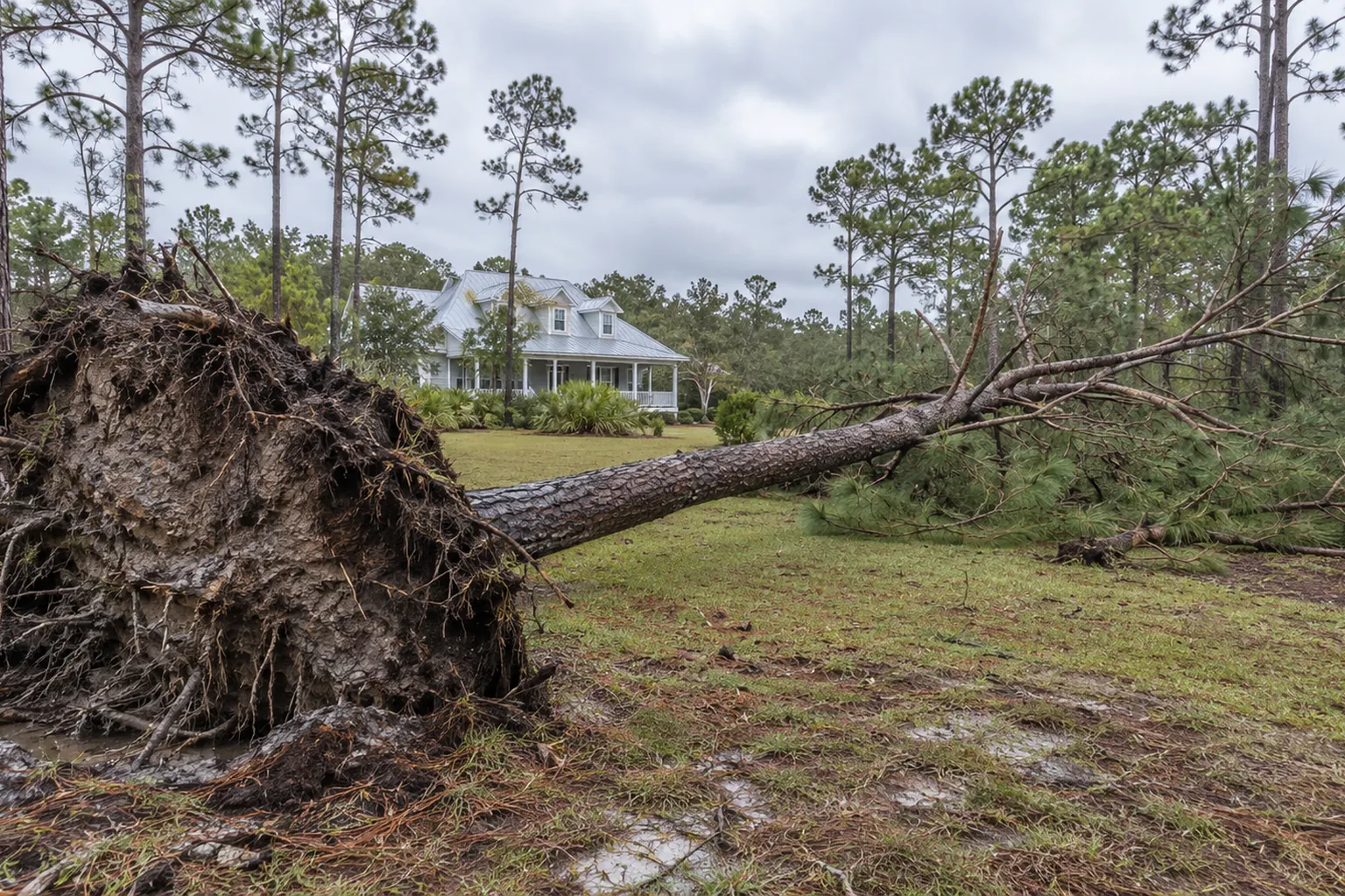 Uprooted pine with exposed roots in a wet yard An uprooted pine lies across a wet lawn, with its exposed root plate in the foreground and a house behind it.