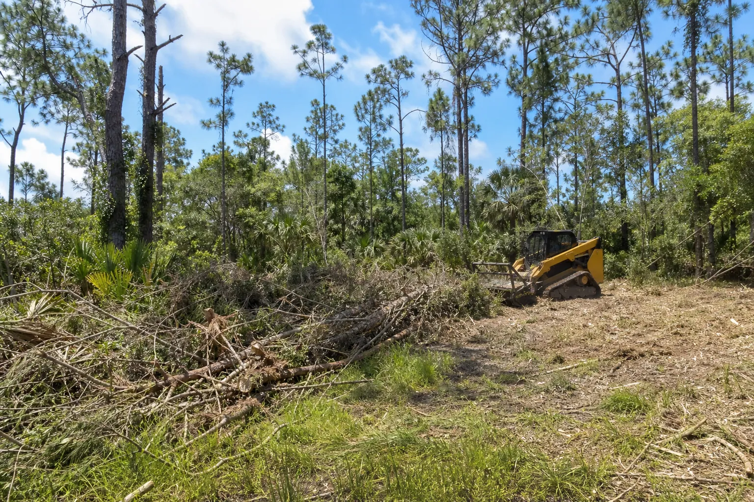 Tracked skid steer clearing brush and cut branches from a wooded lot with pines and palmettos under a blue sky.