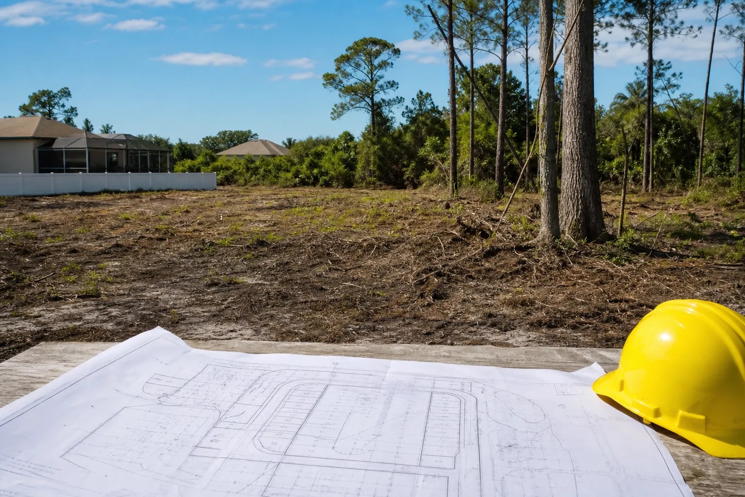 Cleared vacant lot beside Florida homes, with site plans and a yellow hard hat on a wooden table.