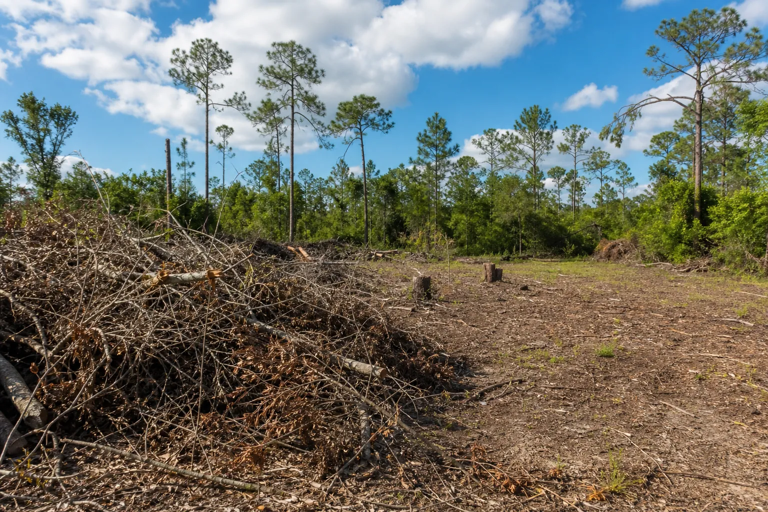 Cleared vacant lot with tree stumps, cut branches, brush piles, and standing pines beneath a blue sky