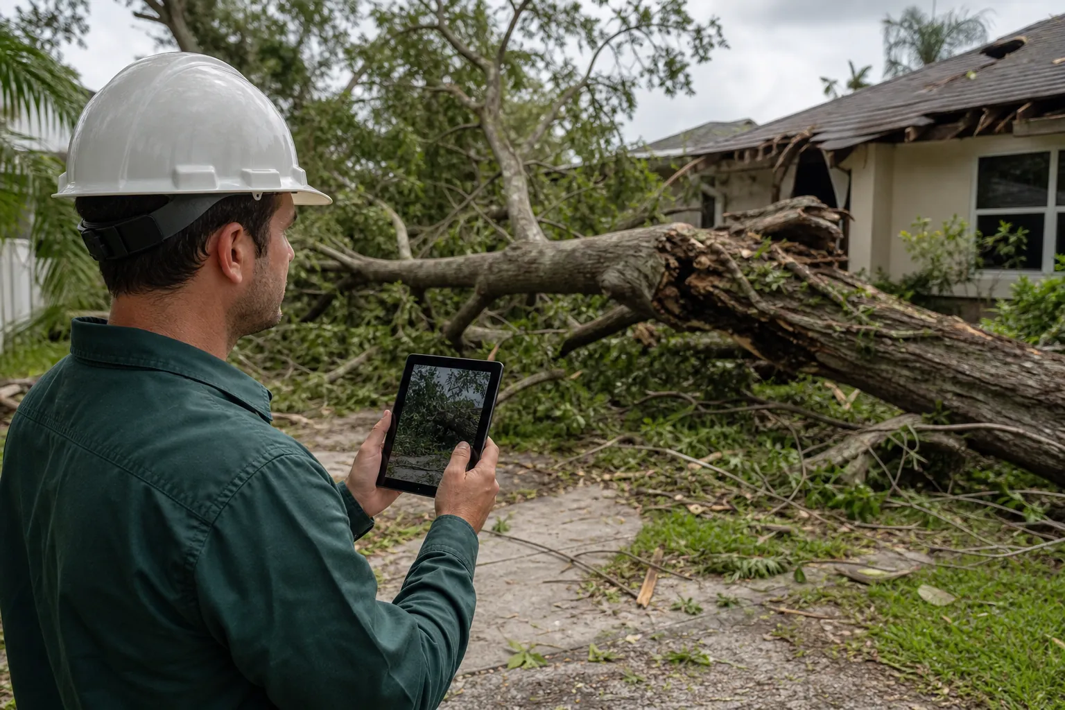 Arborist documenting storm damage before tree cleanup A hard-hatted arborist uses a tablet to document a fallen tree and storm damage to a home's roof.