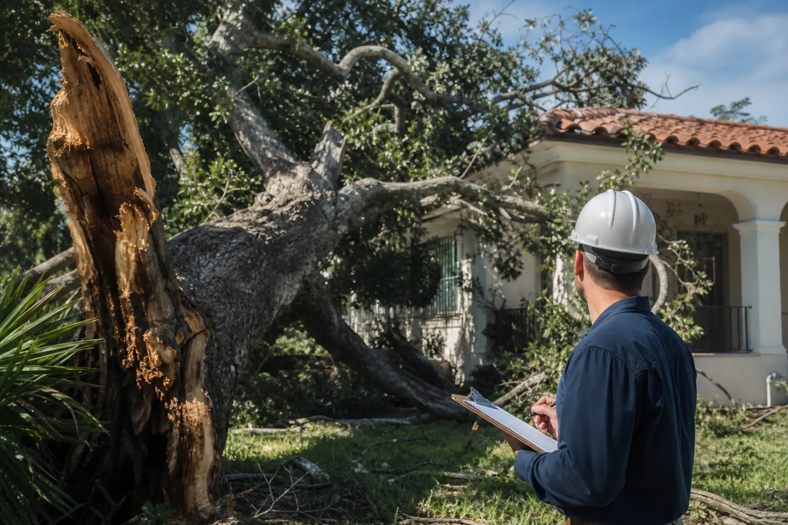 Arborist Inspecting Storm Damage to a Fallen Tree Arborist in a hard hat inspects a storm-broken tree that has fallen against a tile-roofed home.