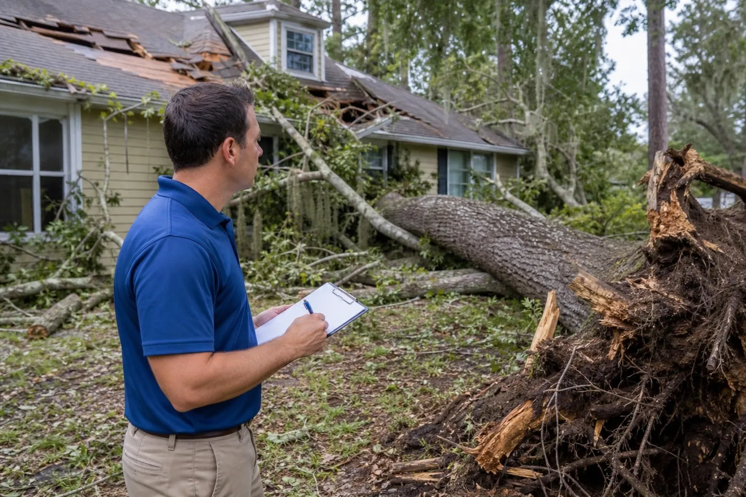 Arborist Inspecting a Fallen Tree After Storm Damage An arborist with a clipboard inspects an uprooted tree that has fallen onto a storm-damaged house.