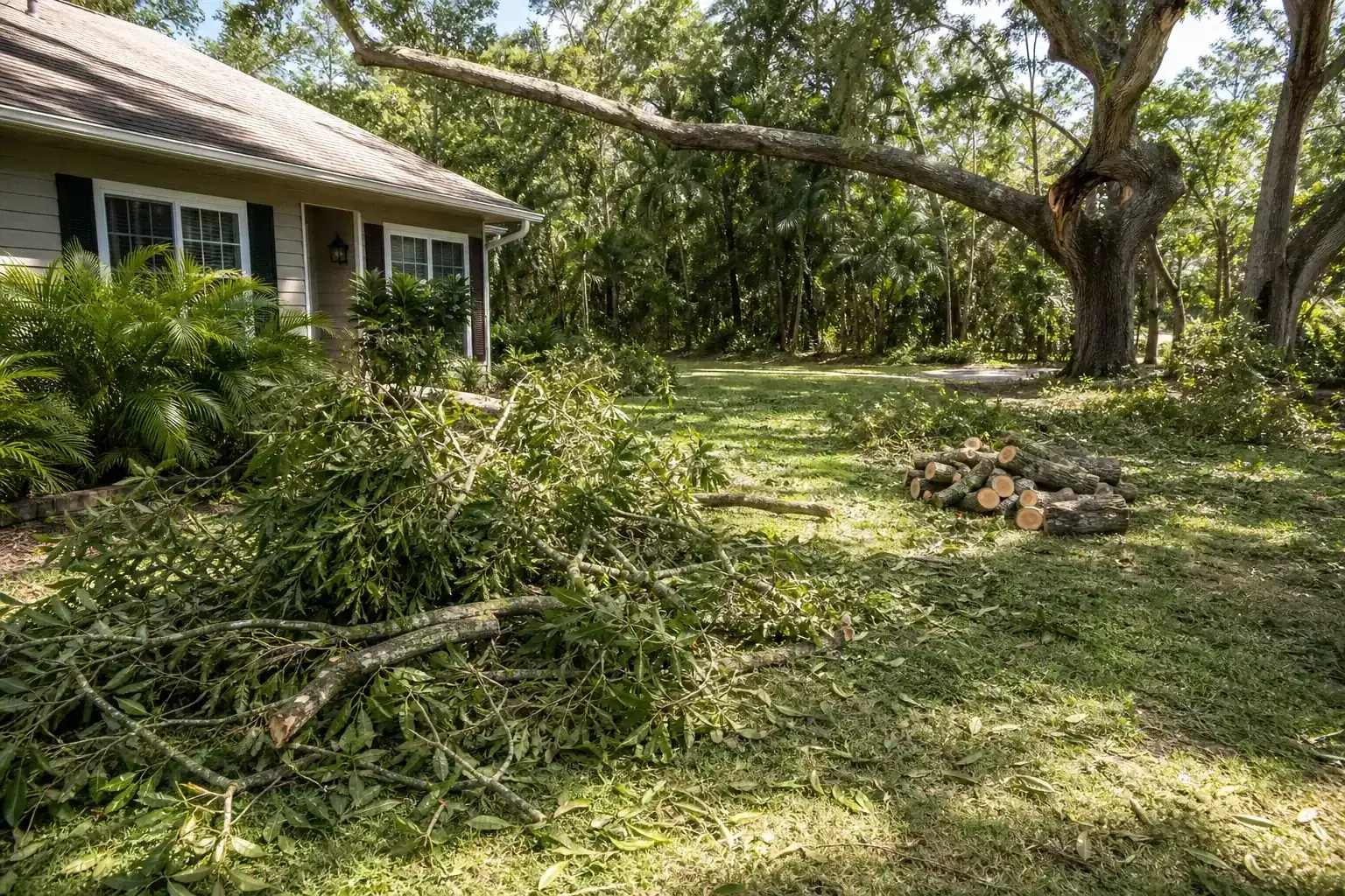 Storm-damaged branches beside a Florida home during a discussion of evaluating affordable tree removal options