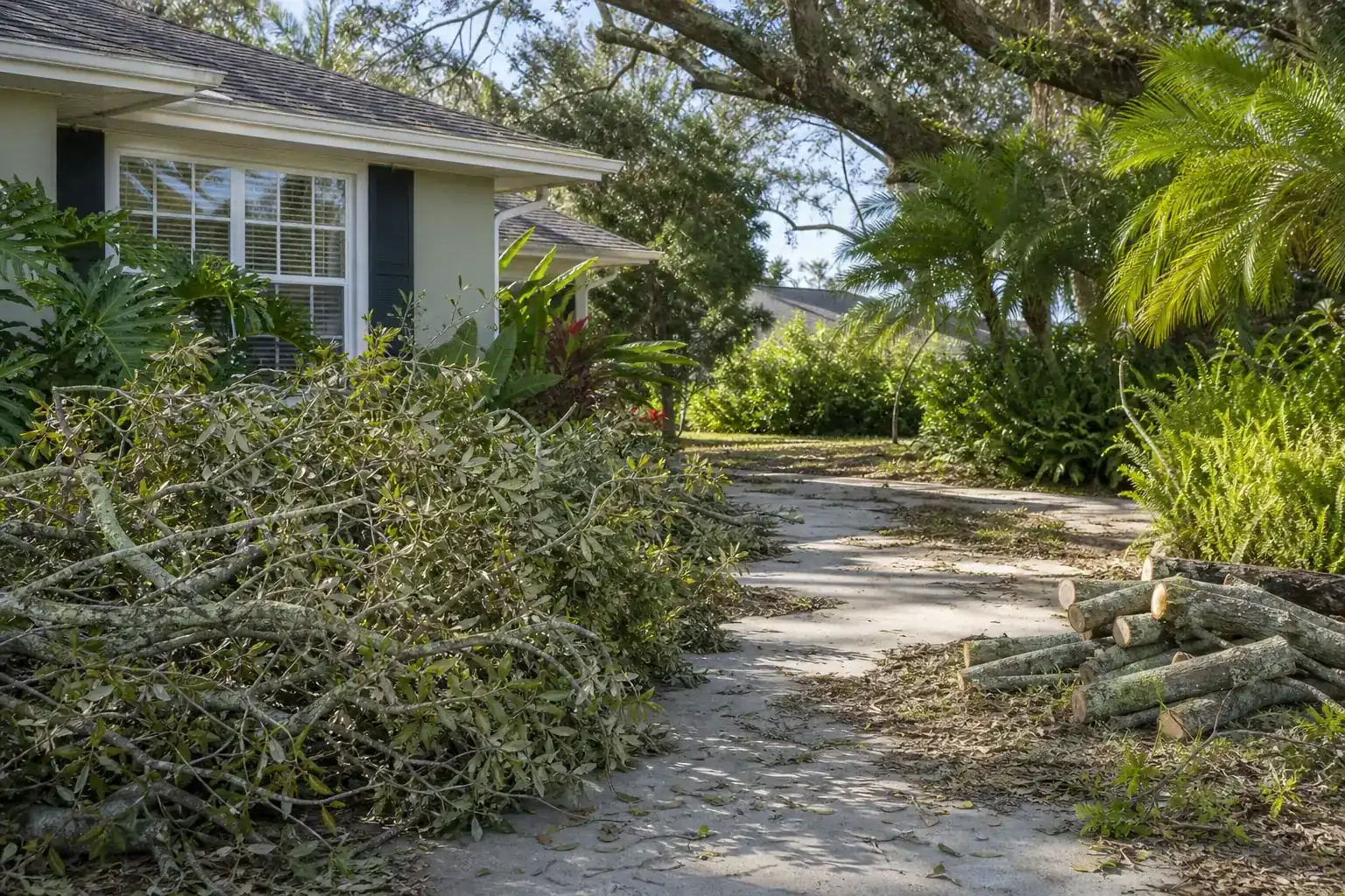 Storm-damaged branches beside a Florida home illustrating understanding the need for affordable hurricane tree removal in central florida