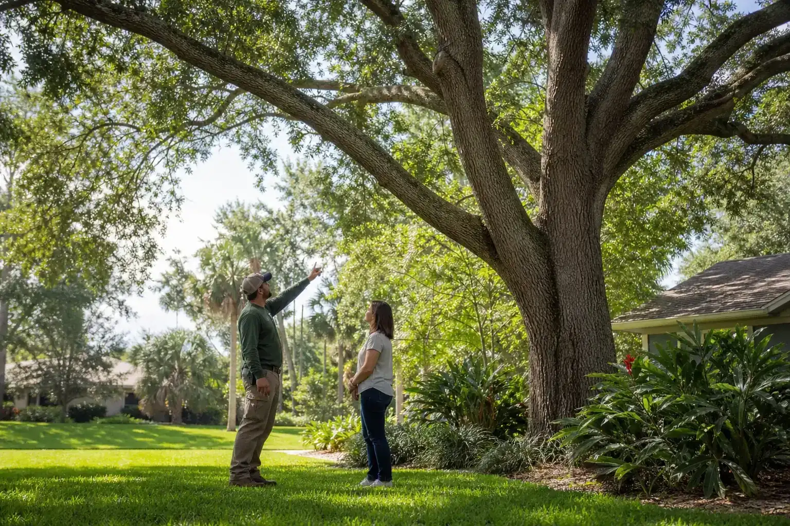 Homeowner and tree care professional discussing a Florida tree for affordable tree removal in central fl