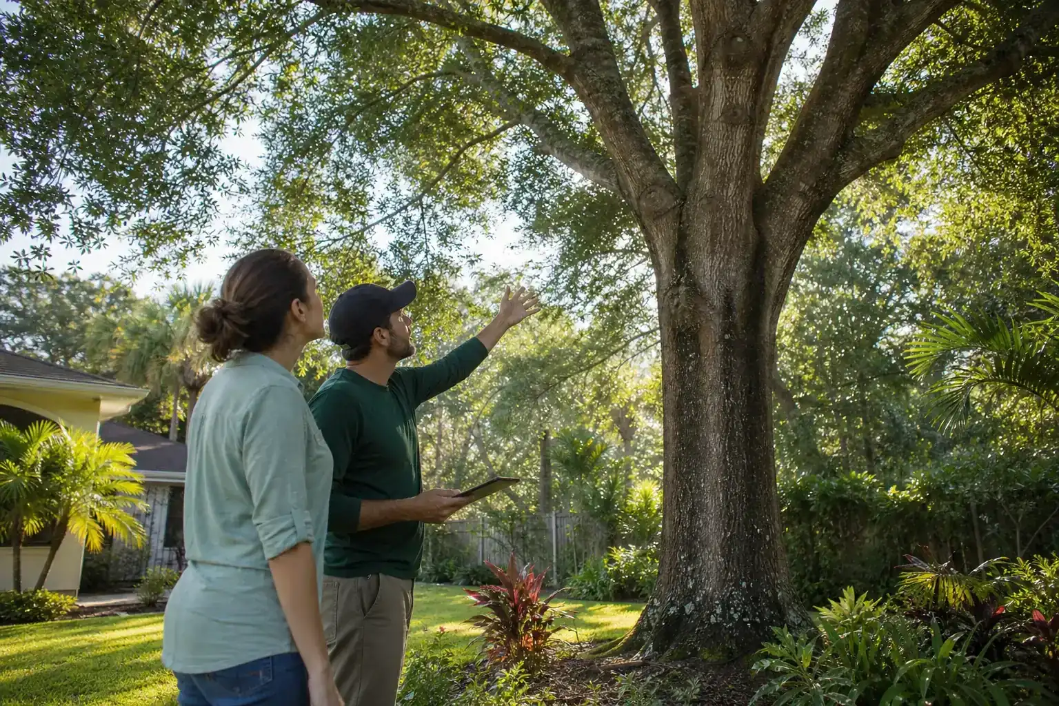 Homeowner and tree care professional discussing a Florida tree during a discussion of key factors affecting tree removal prices