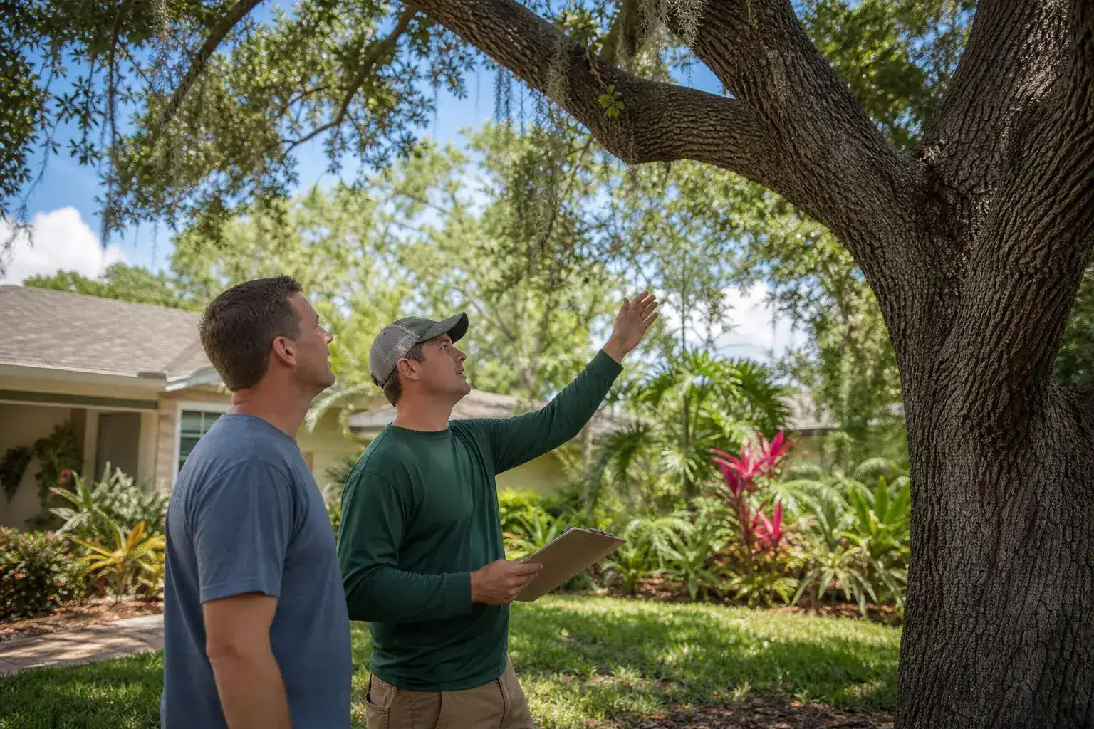 Homeowner and tree care professional discussing a Florida tree illustrating understanding tree removal costs in central fl