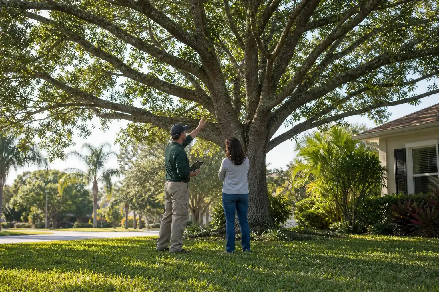 Homeowner and tree care professional discussing a Florida tree for affordable tree removal in central florida | top 5 services Homeowner and tree care professional discussing a Florida tree for affordable tree removal in central florida | top 5 services