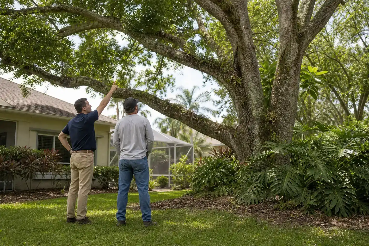 Homeowner and tree care professional discussing a Florida tree during a discussion of key factors in choosing tree removal services in central florida Homeowner and tree care professional discussing a Florida tree during a discussion of key factors in choosing tree removal services in central florida