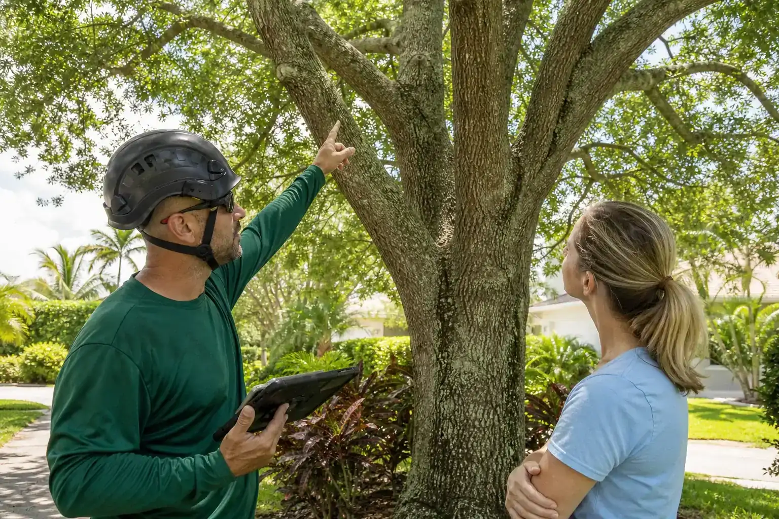 Homeowner and tree care professional discussing a Florida tree illustrating understanding affordable tree removal central florida Homeowner and tree care professional discussing a Florida tree illustrating understanding affordable tree removal central florida