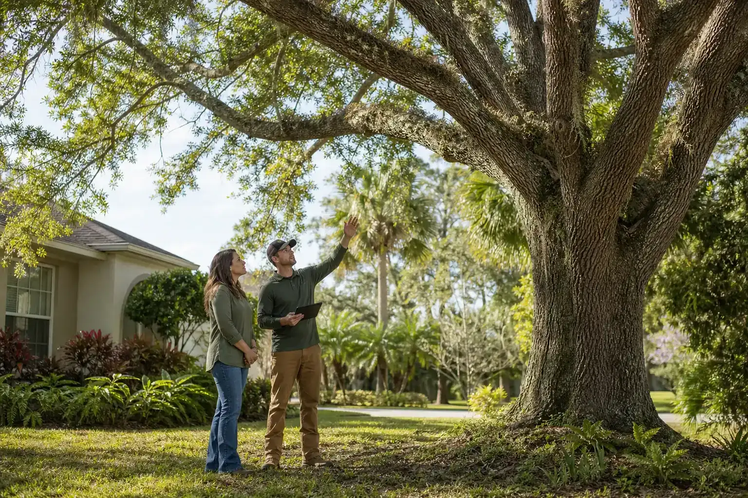 Homeowner and tree care professional discussing a Florida tree for affordable tree removal service daytona beach, fl