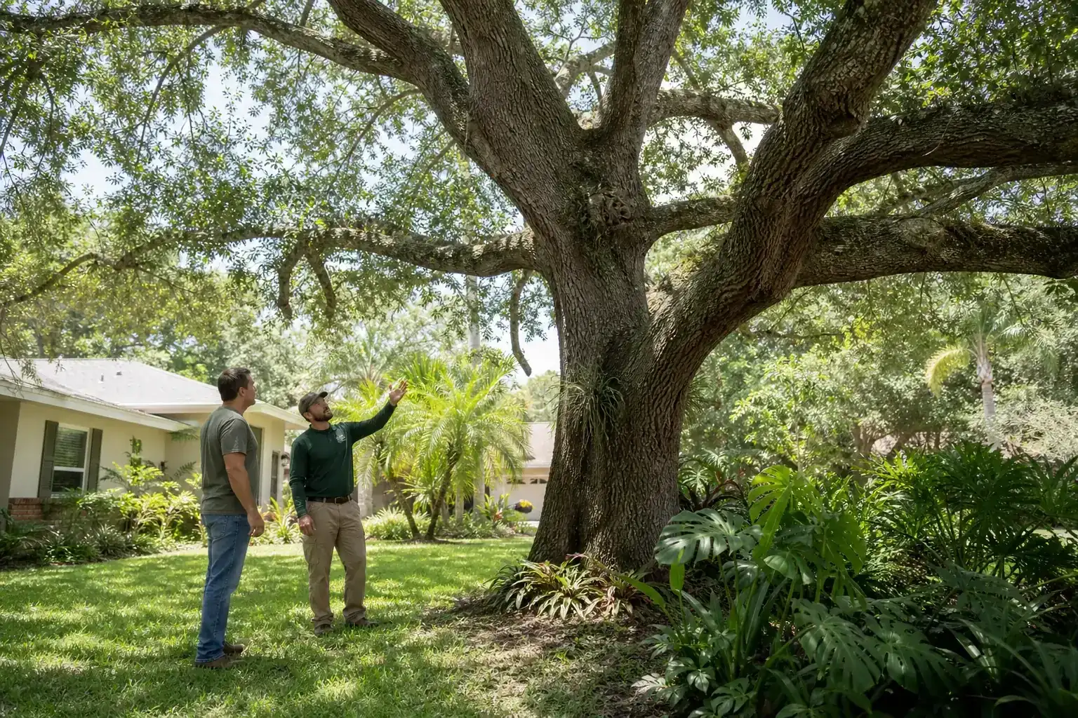 Homeowner and tree care professional discussing a Florida tree during a discussion of key benefits of professional tree removal services